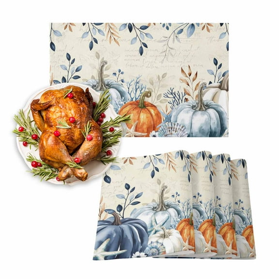 Fall Placemats Set of 6 Blue White Pumpkin Place Mats Thanksgiving Placemat Starfish Shell Eucalyptus Leaves Beige Table Mats for Dining Kitchen Table Dinner Party Home Fall Decorations 13x19