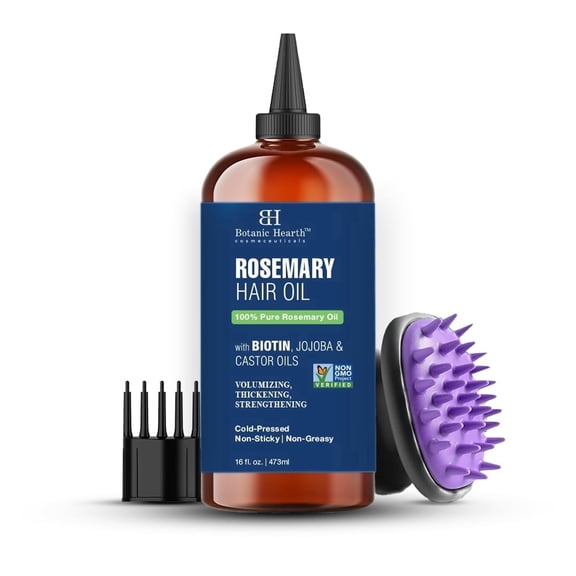 Botanic Hearth Rosemary 16 fl oz HAIR OIL (Carrier oil PET bottle packging   Ambered colour   inner plug   nozzle   combo applicator   With Scalp Massager  Shrink Sleeve without monocarton