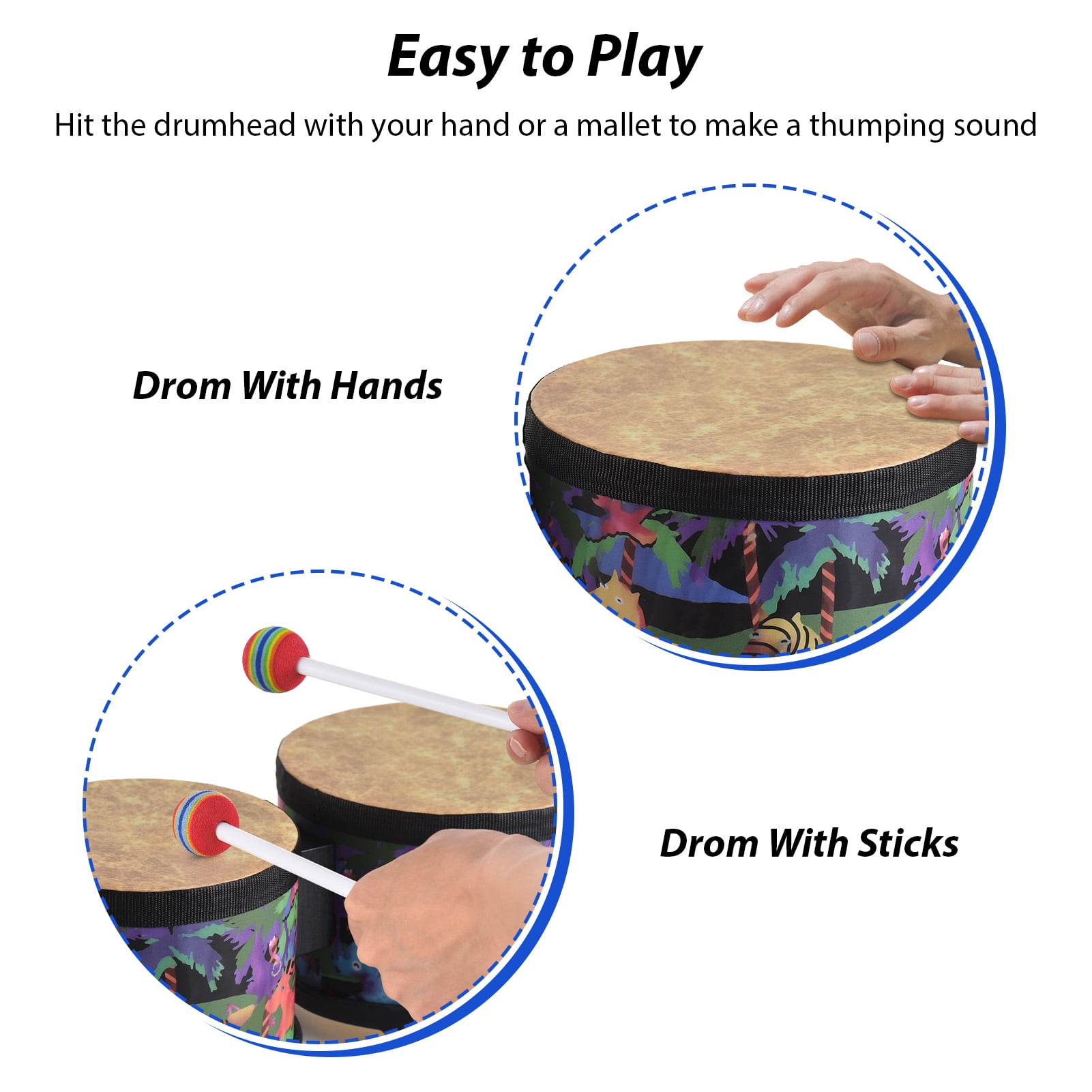 Drum Percussion Instrument 5-inch and 6-inch Floor Drum for Christmas Birthday Bongo Floor Drums with 2 Drum Mallets Musical Instrument