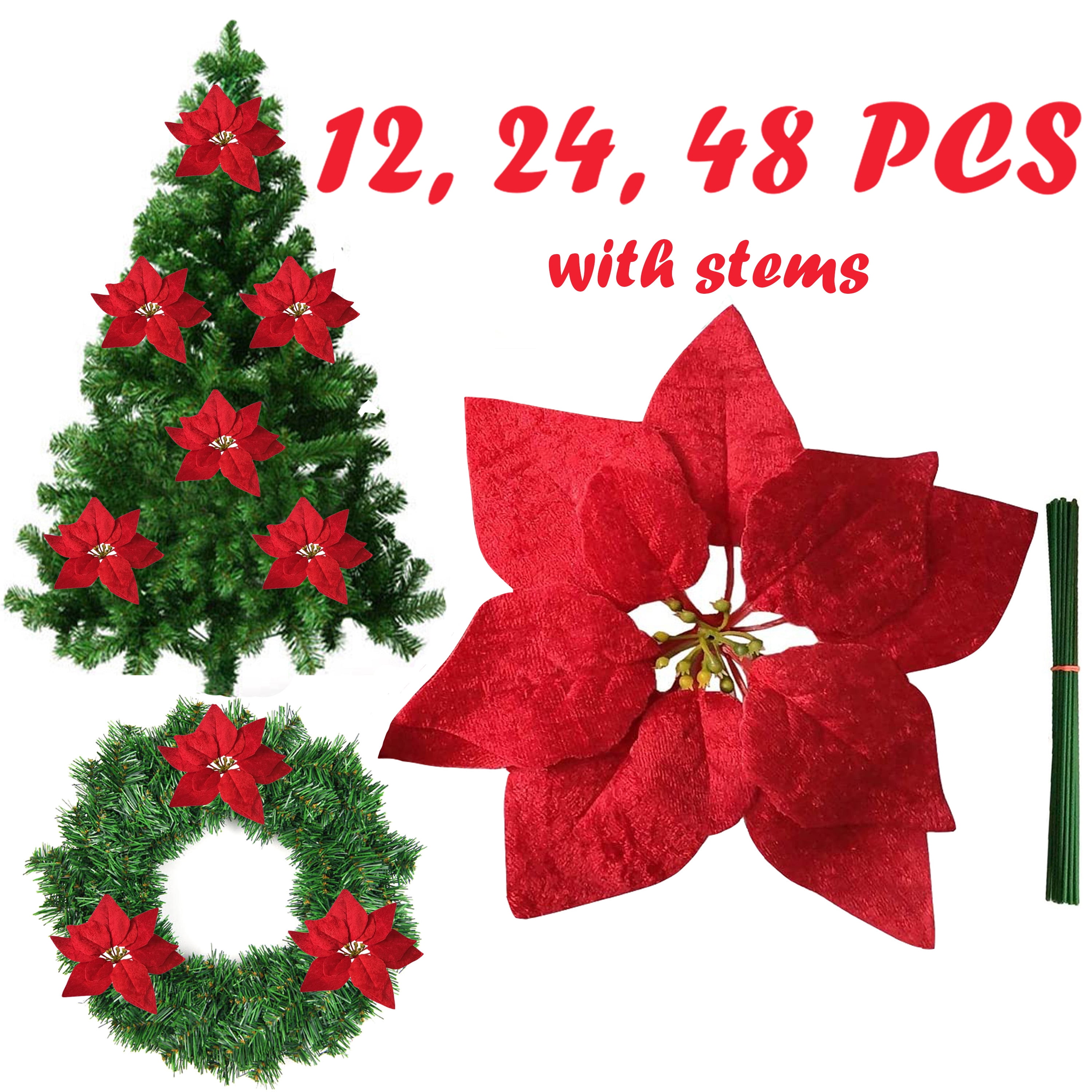 Tiitstoy 5 Pcs Christmas Red Glittered Mesh Holly Leaf Artificial  Poinsettia Flowers Picks Tree Ornaments 5.9 for Red Christmas Tree Wreath  Garland Floral Gift Winter Wedding Holiday Decoration 