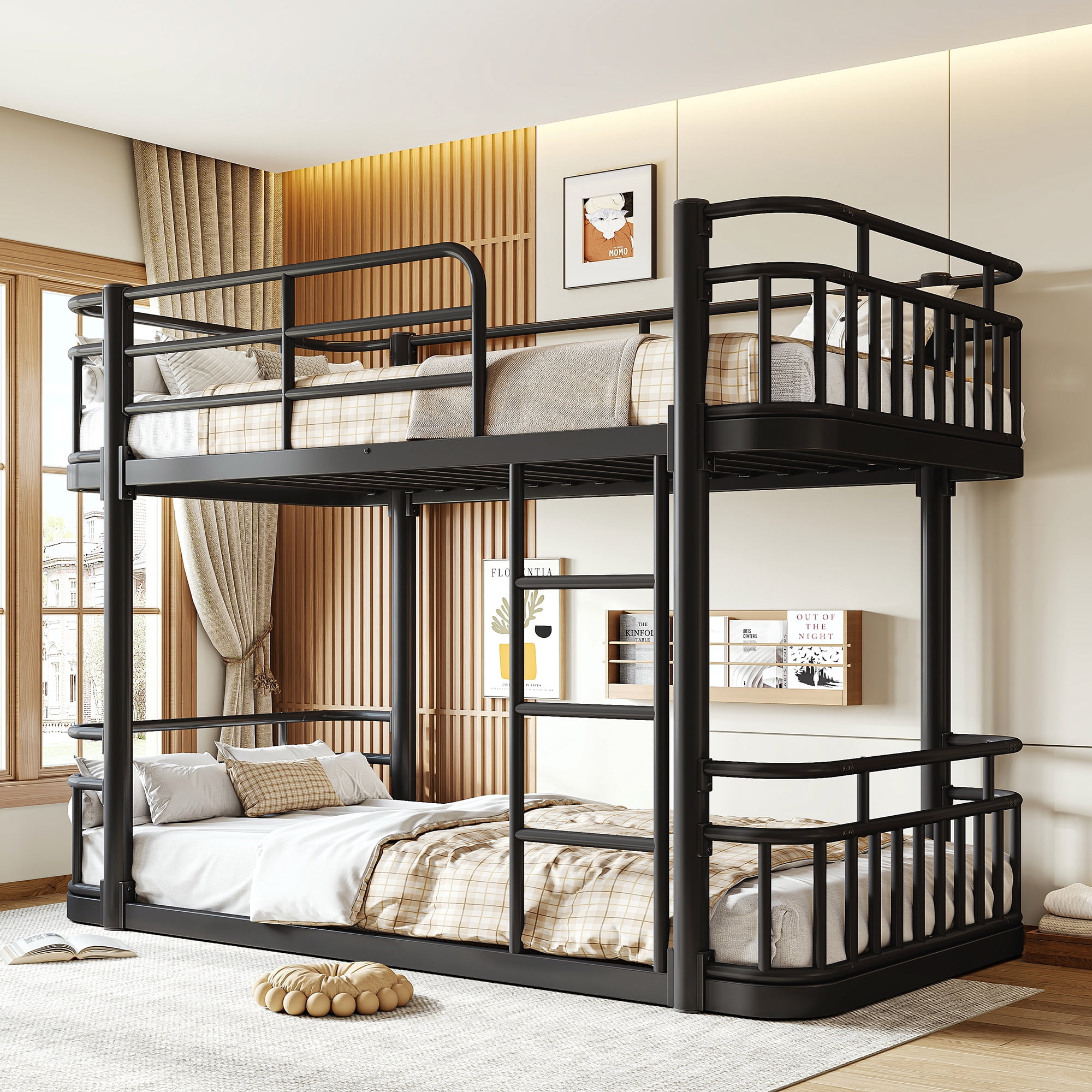 Leumius Twin over Twin Bunk Bed Frame with Ladders & Guardrails, Upgraded Round-Pipe Metal Frame, Stylish & Versatile for Any Room,Black
