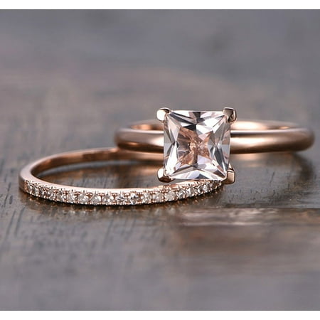 1.25 Carat Peach Pink Morganite (princess cut Morganite) and Diamond Engagement Bridal Wedding Ring Set in 10k Rose Gold