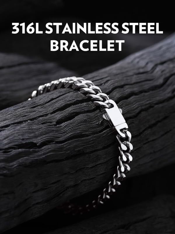 Bandmax 7MM Wide Cuban Chain Bracelet for Men Women Father's Day Gift for Son Dad Husband Stainless Steel Hip Hop Biker Wristlet Anklet Chain Jewelry