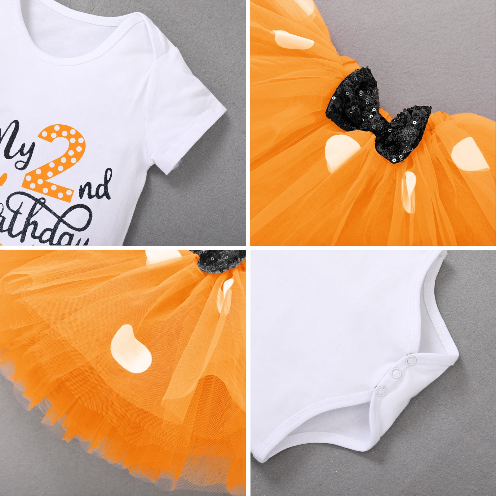IBTOM CASTLE Toddler Baby Girls 1st 2nd Birthday Outfit Mini Polka Dots Romper Tutu Dress Mouse Ears Headband Princess Skirt Set for Photo Shoot 2 Years Orange
