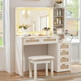 thumbnail image 5 of Boho Lighted Makeup Vanity with 6 Drawers, Joaxswe Rattan Vanity Table Set w/ Charging Station & Comfort Stood, White, 5 of 7