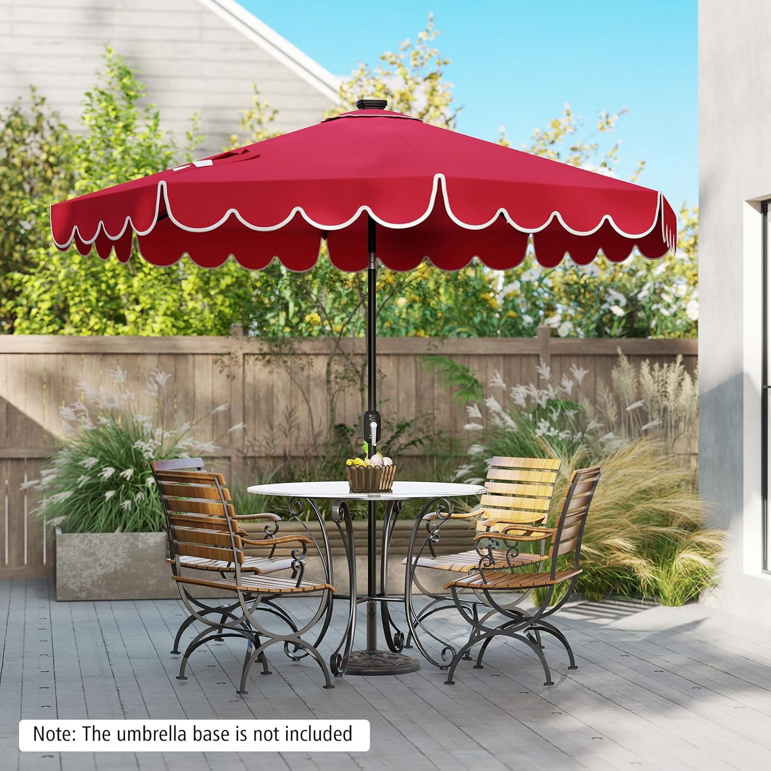 ZYPPP  9 FT Solar Patio Umbrella, 2-Tiers Scalloped Outdoor Table Market Umbrella with 32 LED Lights, Vented Top, Tilt Adjustment, Crank, 8 Ribs for Backyard Poolside Deck Beach Lawn (Red)