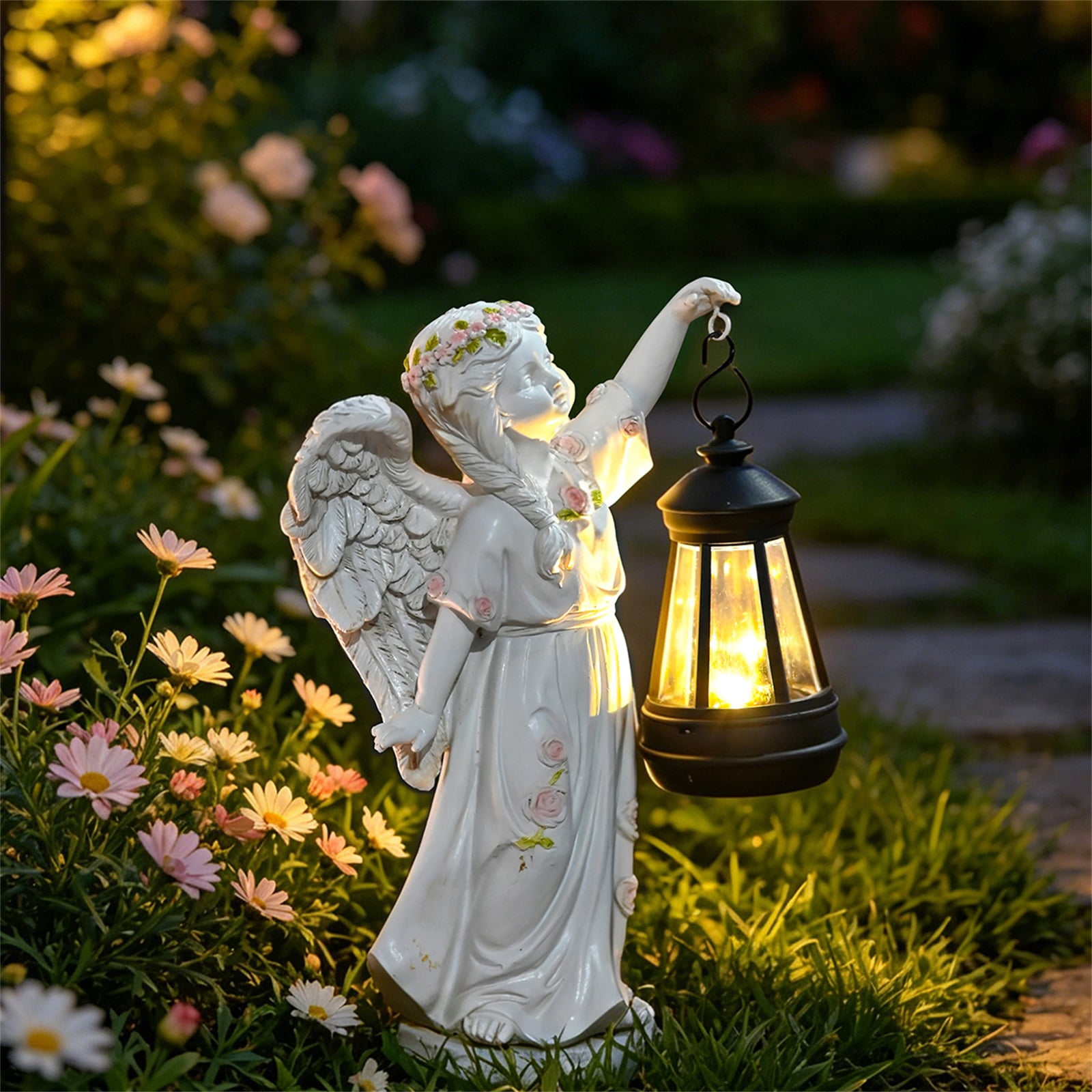 9" Angel Garden Statue with Solar Powered Lantern, Resin Outdoor Sculpture for Yard Art, Garden Decorations Memorial Gift Decor for Patio Porch Walkway, A