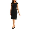 thumbnail image 1 of Vestido de oficina INSPIRE CHIC para mujer, con mangas cortas, elegante, con cinturón, vestido ajustado, color negro, 1 of 6