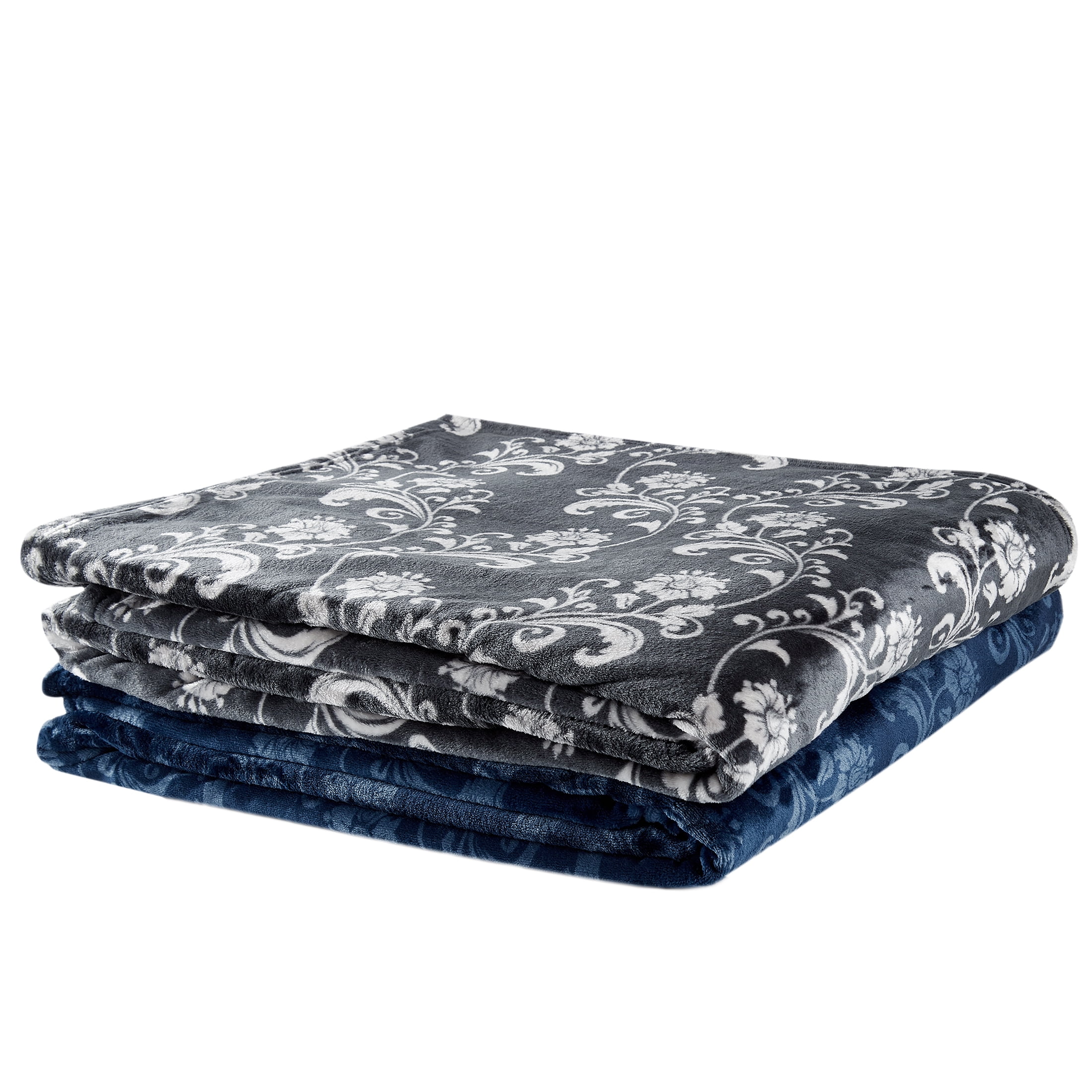 SoftLux Printed Luxury Velvet Plush Fleece Blanket, Full/Queen, 90" x90", Blue Floral Scroll