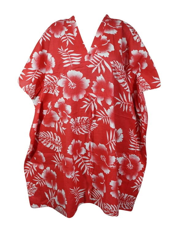 Mogul Boho Style Travel Kaftan Dress, Red Floral Summer Kaftan S/M