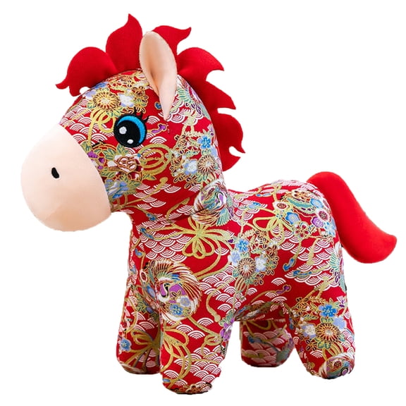 2026 Year of The Horse Plush Mascot Ornament Chinese Zodiac Horse Decoration with Golden Embroidery, Lucky Feng Shui Figurine for Home Lunar New Year Gift - C