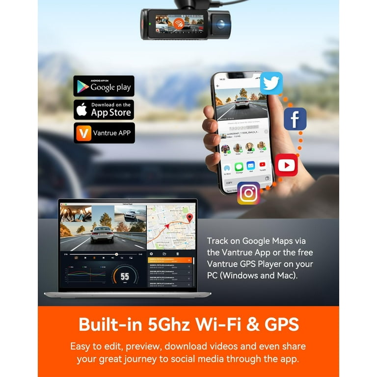 Vantrue N4 Pro 3 Channel 4K WiFi Dash Cam  GPS 4K + 1080P + 1080P (Memory  Card Not Included) 