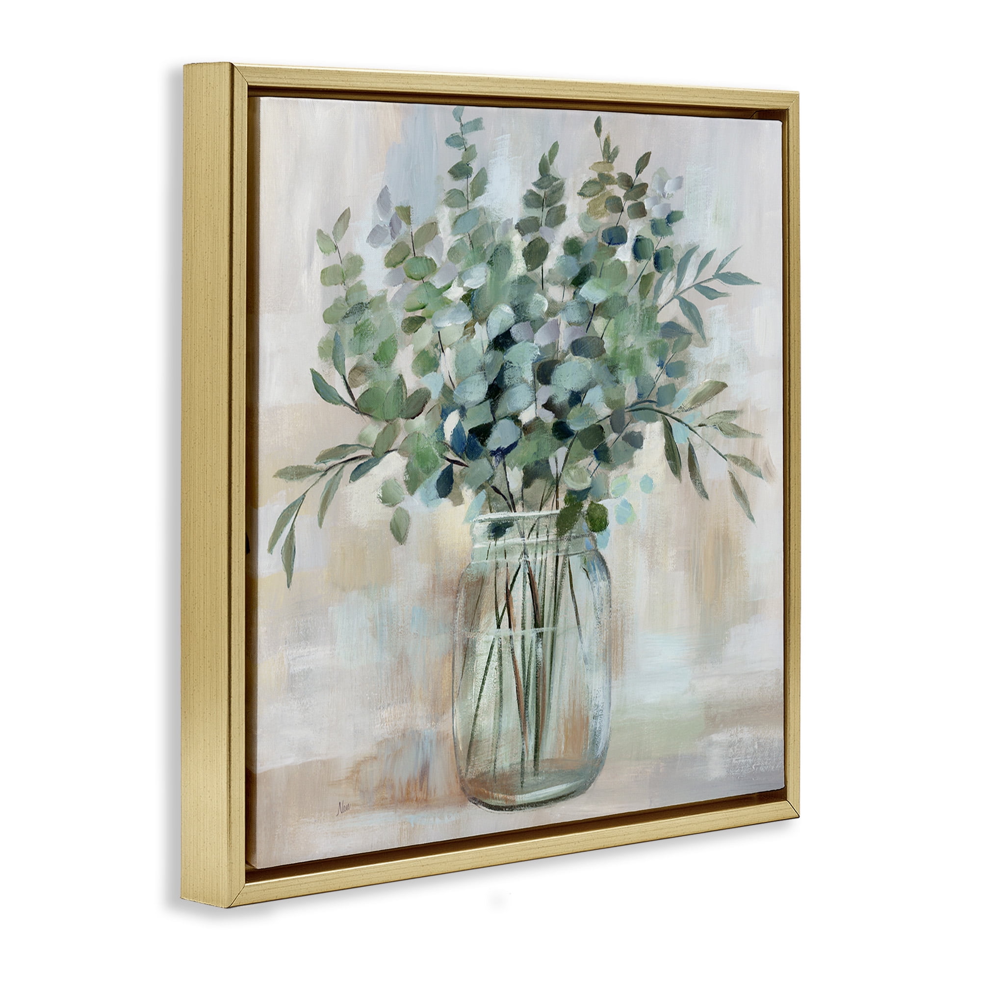Stupell Industries Soothing Eucalyptus Herb Arrangement Botanical & Floral Painting Gold Floater Framed Canvas Art Print Wall Art, 18 x 18