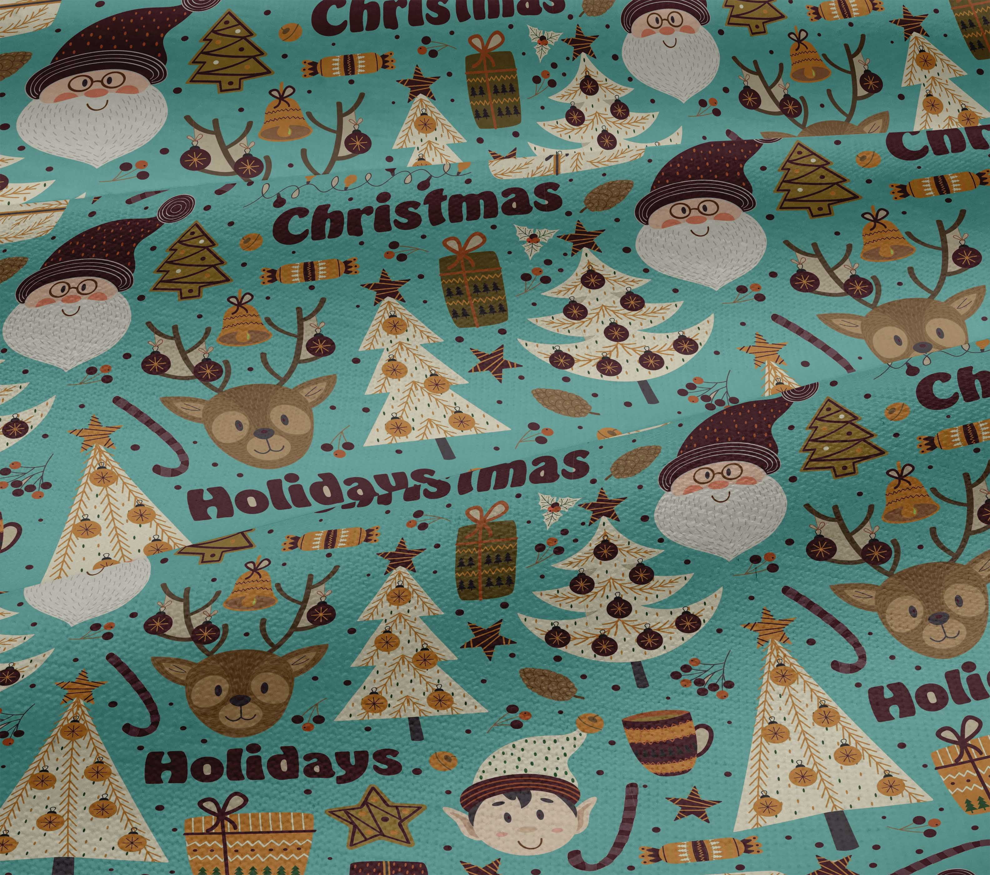 oneOone Cotton Jersey Dusty Teal Green Fabric Santa|Gift Box & Tree Christmas Sewing Material Print Fabric By The Yard 58 Inch Wide