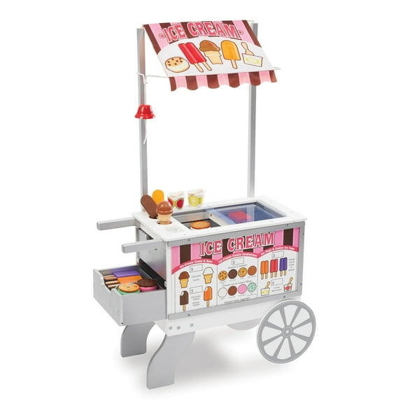 Melissa & Doug Wooden Snacks and Sweets Food Cart - 40  Play Food Pieces, Reversible Awning