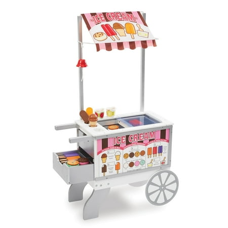 Melissa & Doug Wooden Snacks and Sweets Food Cart - 40+ Play Food Pieces, Reversible Awning