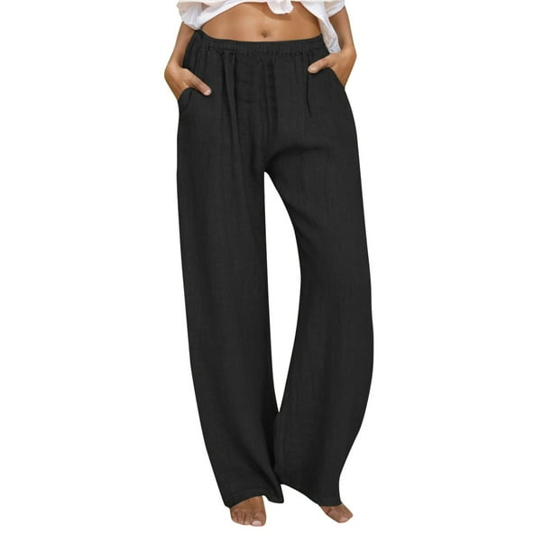 Pantalones informales de mujer de mezcla de lino liso con bolsillos: ligeros, corte holgado, para la playa/el día a día, tallas S-XXXL, cintura 72-92 cm.