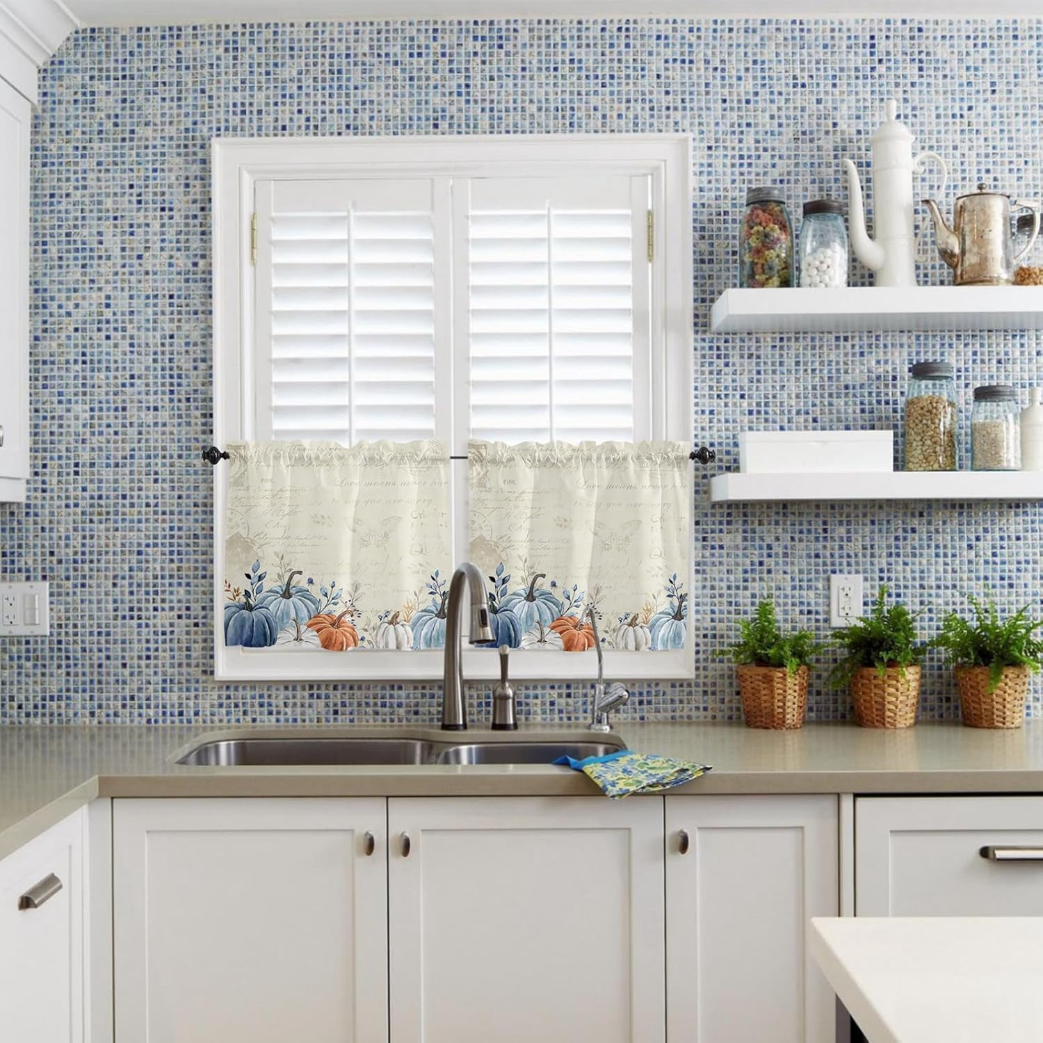Blue Grey Pumpkin Fall Kitchen Curtains Set Half Curtains 24 Inches Length, Thanksgiving Rustic Tier Curtains and Valance Set, Maple Leaf Botanical Window Treatment Draperies for Cafe Bathroom Bedroom
