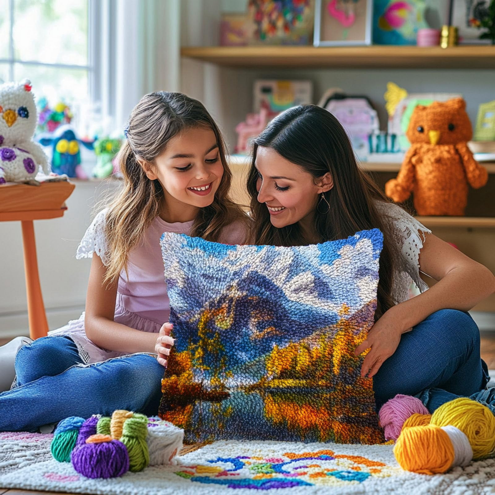 Natural Landscape of Lake Mountain DIY Latch Hook Pillow Kits for Adults Printed Pillowcase Crochet Yarns Hooking Handmade Pillow Cover Cushion for Home Sofa Decoration 17x17inch(1)