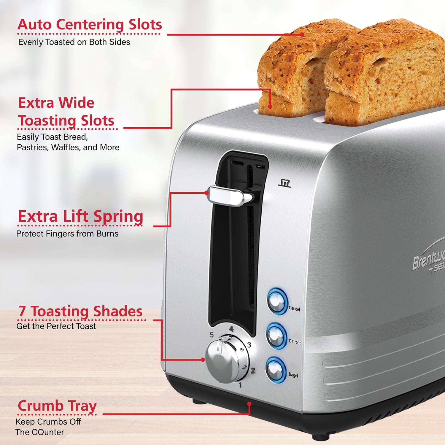 Brentwood Select 2-Slice 850-Watt Extra-Wide Slot Stainless Steel Toaster