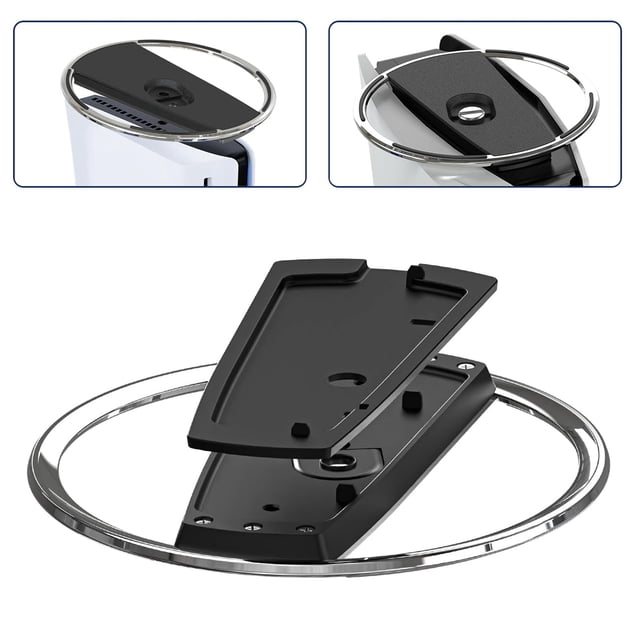 consola base sin deslizamiento, soporte estable de apoyo seguro y confiable para modelo CFI-2000 delgado en ABS y metal; placa superior negra con orificio central y tornillo de fijación, placa base con pestañas encajables y aro metálico cromado circular, diseñada para consolas CFI-2000 delgadas y CFI-1000 DISC/Digital.