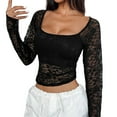 thumbnail image 4 of NINGMENG Womens Tops Solid Color Sexy Square Collar Long Sleeve Layer Lace Tops Pullover T Shirts Outwear,Black,S, 4 of 9
