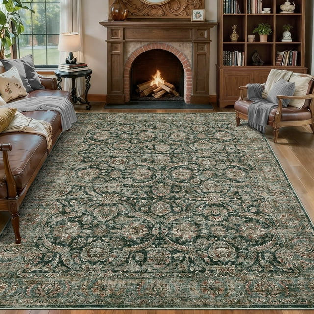 Vintage Area Rug, Washable Low-Pile Non-Slip Stain-Resistant Contemporary Soft Carpet for Living Room Bedroom Dining Room