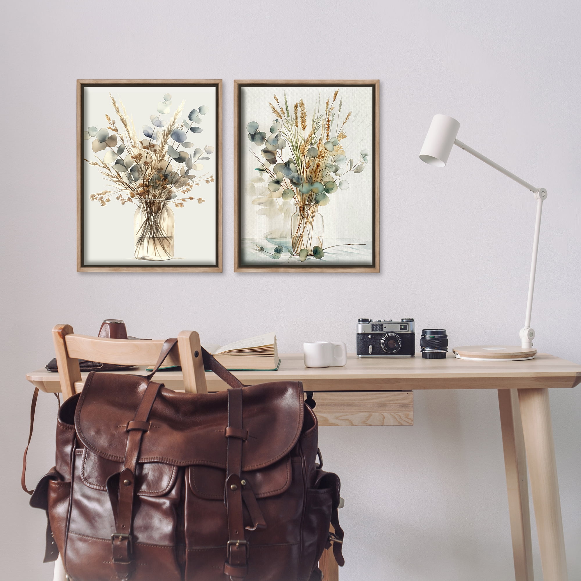 Stupell Industries Eucalyptus Jar Bouquets Plants & Flowers Painting Brown Floater Framed Canvas Art Print Wall Art, 17 x 25, Set of 2