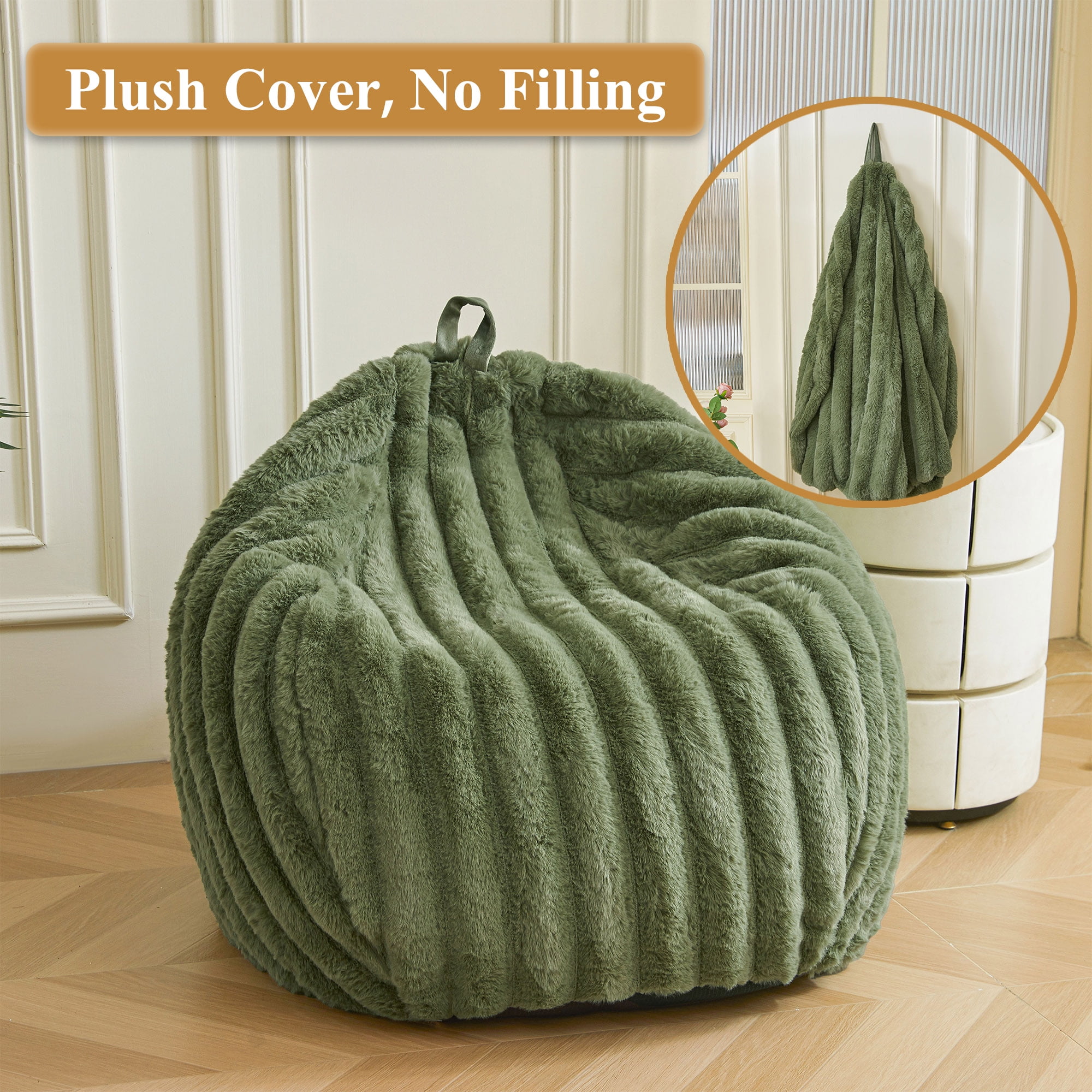 XeGe Kids Fluffy Faux Rabbit Fur Bean Bag Chair Cover(No Filler), Cozy Moss Shaggy Striped Stuffed Animal Storage Bean Bag for Plush Toys, Fuzzy Ribbed Beanbag Cover Kids Girls Adult, Sage Green