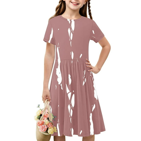 NAISIBABY A-Line Dress for Girls, Stretch Color Block Short Sleeve Summer Casual Sundress Pink 5-6T