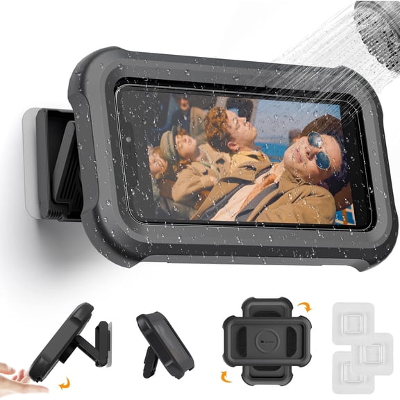 Waterproof Phone Holder for Shower, 360° Rotation & Retractable Adjustable Wall Mount, Anti-Fog Case for Bathroom Mirror Bathtub Kitchen, Fits Phones Up to 7 Inch
