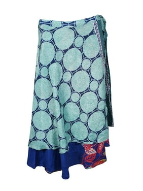 Mogul Women Blue Vintage Wrap Skirt Beach Wear Reversible 2 Layer Floral Print Cover Up Sarong Dress