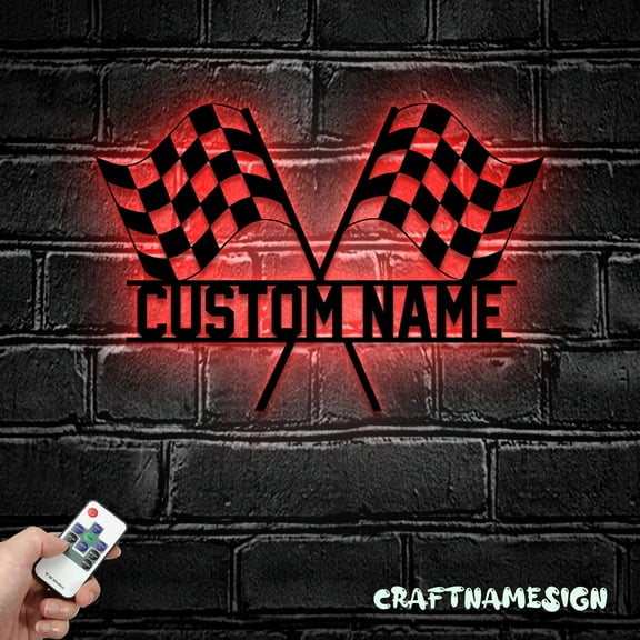 Craftnamesign Custom Start Finish Racing Flag Metal Wall Art LED Light
