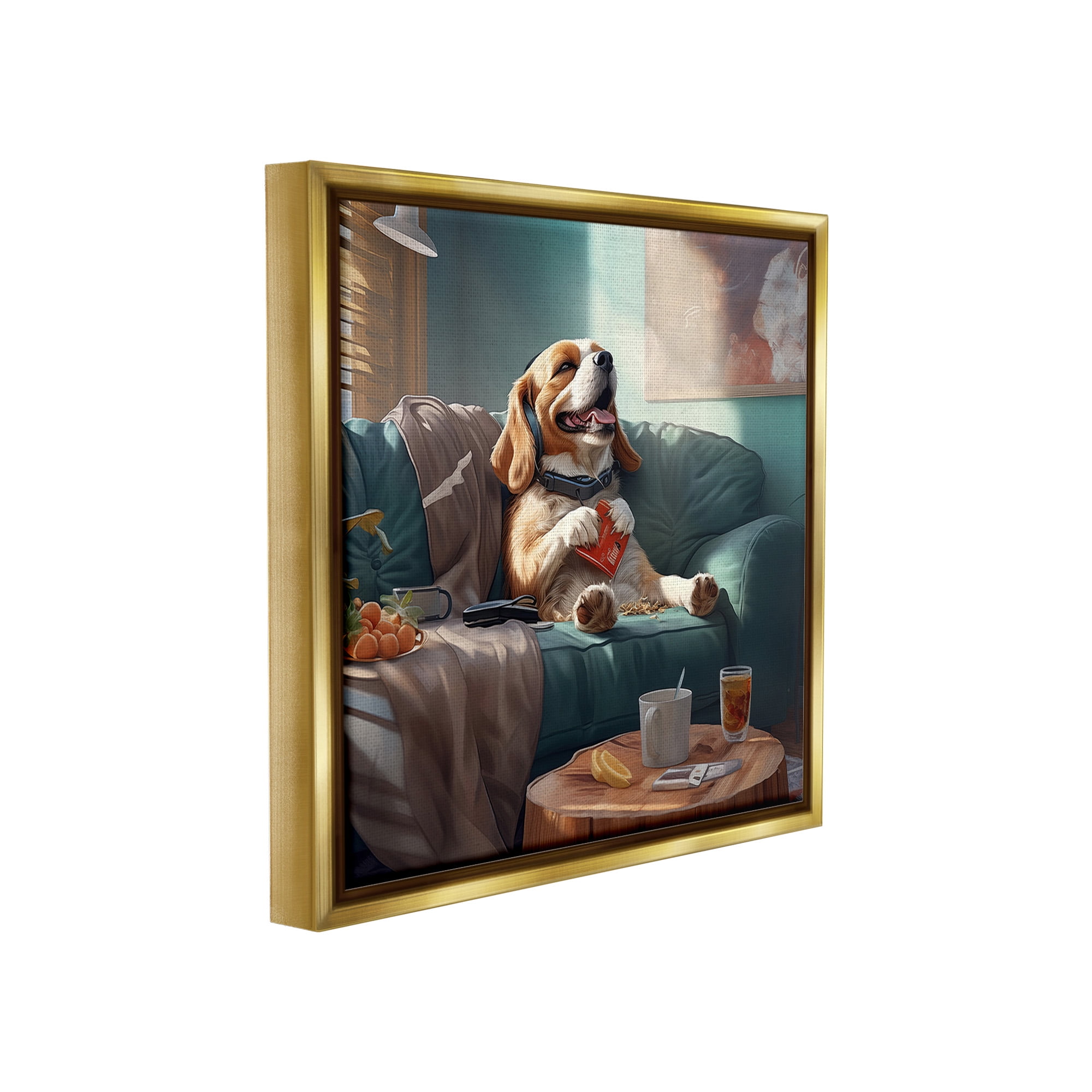 Stupell Industries Happy Dog on Couch Animals & Insects Painting Gold Floater Framed Canvas Art Print Wall Art, 18 x 18