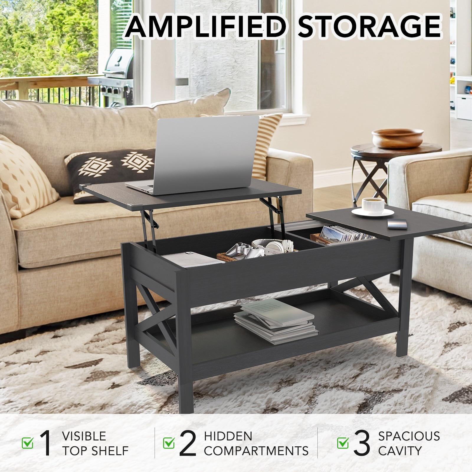 Nalone Coffee Table Lift Top Dining Table with Shelf, Center Table Adjustable Height Tea Tables Wooden Center Tables with Hidden Compartments for Living Room Apartments(Black)