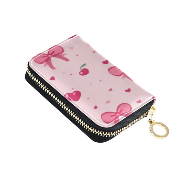 PU Leather Zip Card Holder Women's Card Case Zipper Card Case Compact & Lightweight Bows and Hearts Pattern