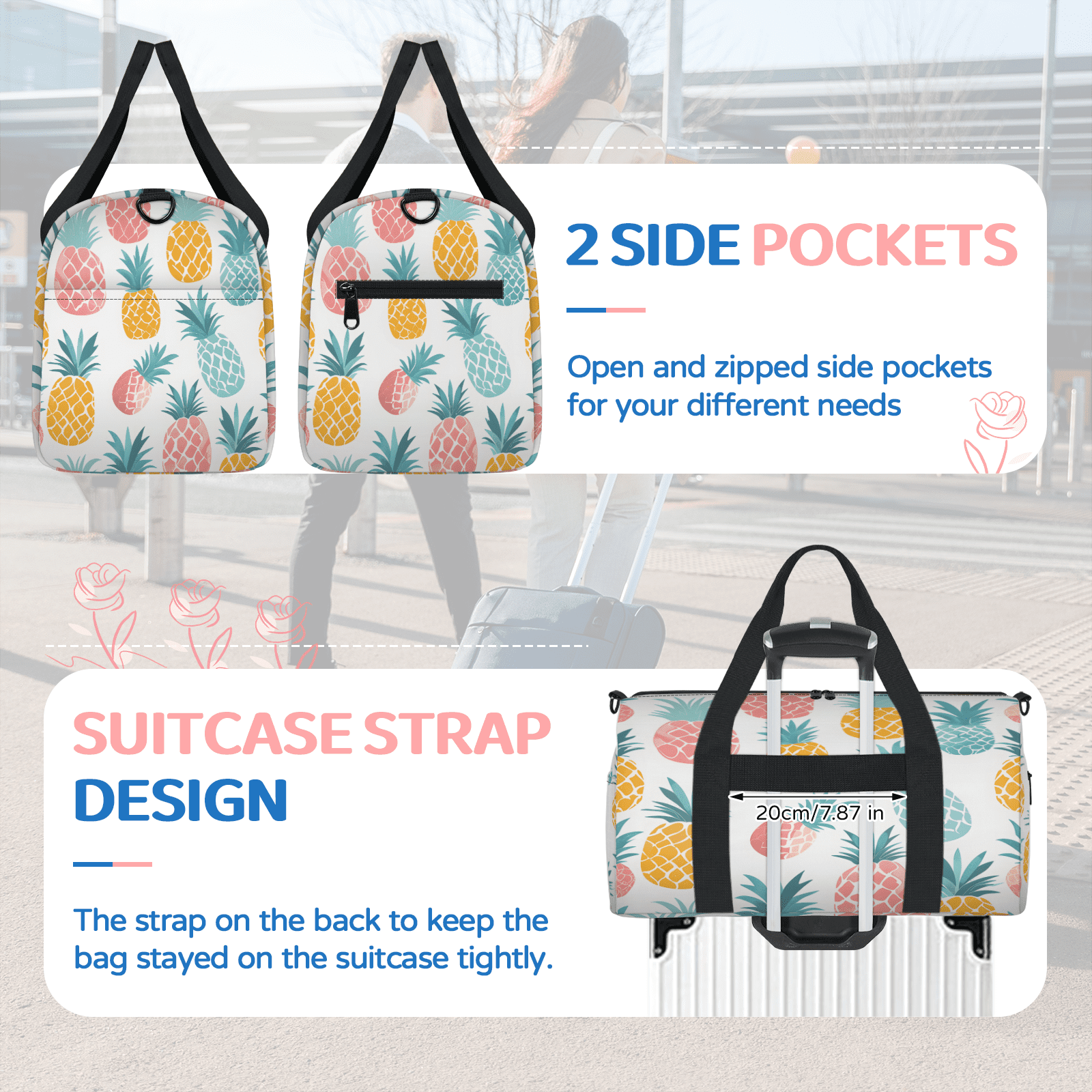 Herdesigns Pineapple Travel Duffle Bag Sports Yoga Weekender Overnight Carry on Workout Bags Lightweight Waterproof Gym Tote Bag for Women Colorful
