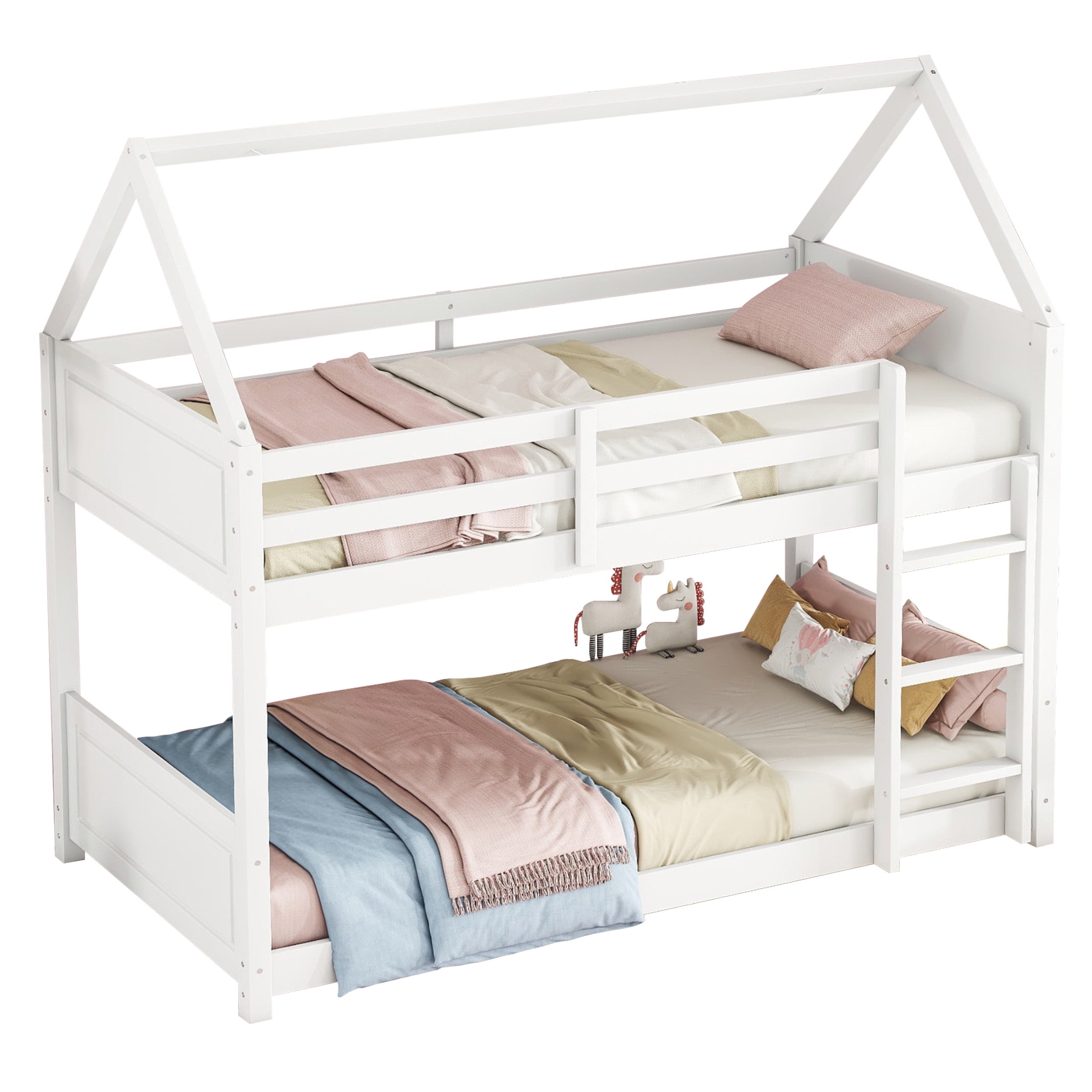 Aukfa Heavy Duty Junior House Bunk Bed with Full-Length Guardrail, Twin Over Twin Bunk Bed Frame, White
