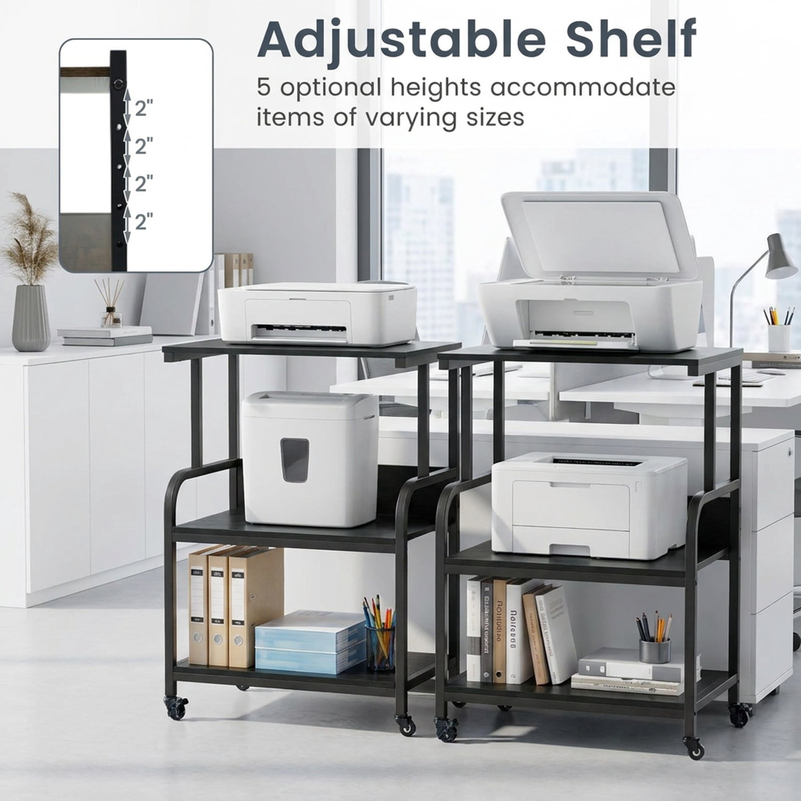 Furnibear 3-Tier Rolling Printer Stand with Adjustable Shelf and Lockable Wheels for Home Office Printer Machine Under Desk Storage, Black