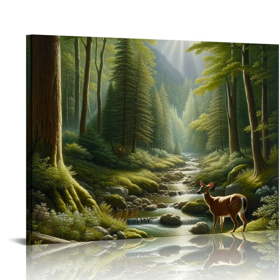 COMIO Yellow Landscape Wall Art Canvas Printed Painting Wildlife Animal Deers Picture Living Dining Room Decorations Modern Framed Panel Piece
