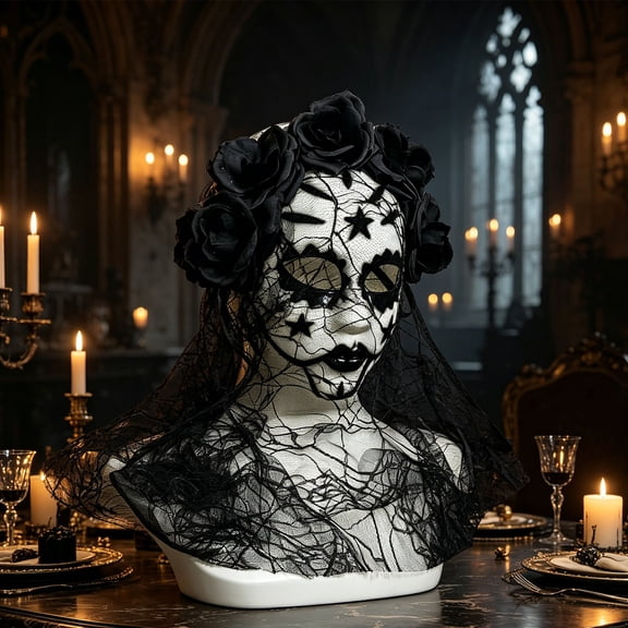 Gothic Rose Lace Masquerade Mask, Women's Black Mask with Veil for Halloween Costumes, Proms, and Gothic Party Wear