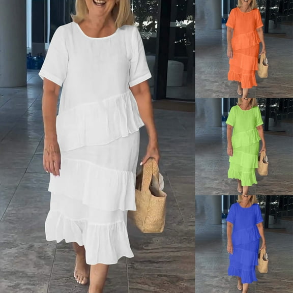 SMihono Tshirt Dress Women Summer Cotton Linen Patchwork Short Sleeve Crewneck Pleated Midi Dresses T Shirt Dresses for Women Blue L