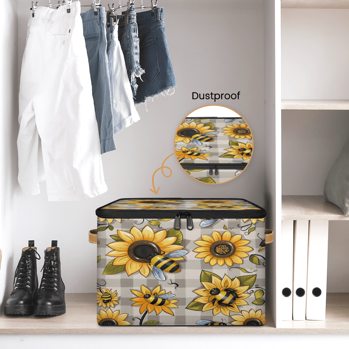 CURLYOOT Bee Fabric Storage Bins with Lids, Bee Floral Foldable Storage Boxes Washable Storage Cube, Closet Bedroom Home Organizer Containers with PU Leather Handles