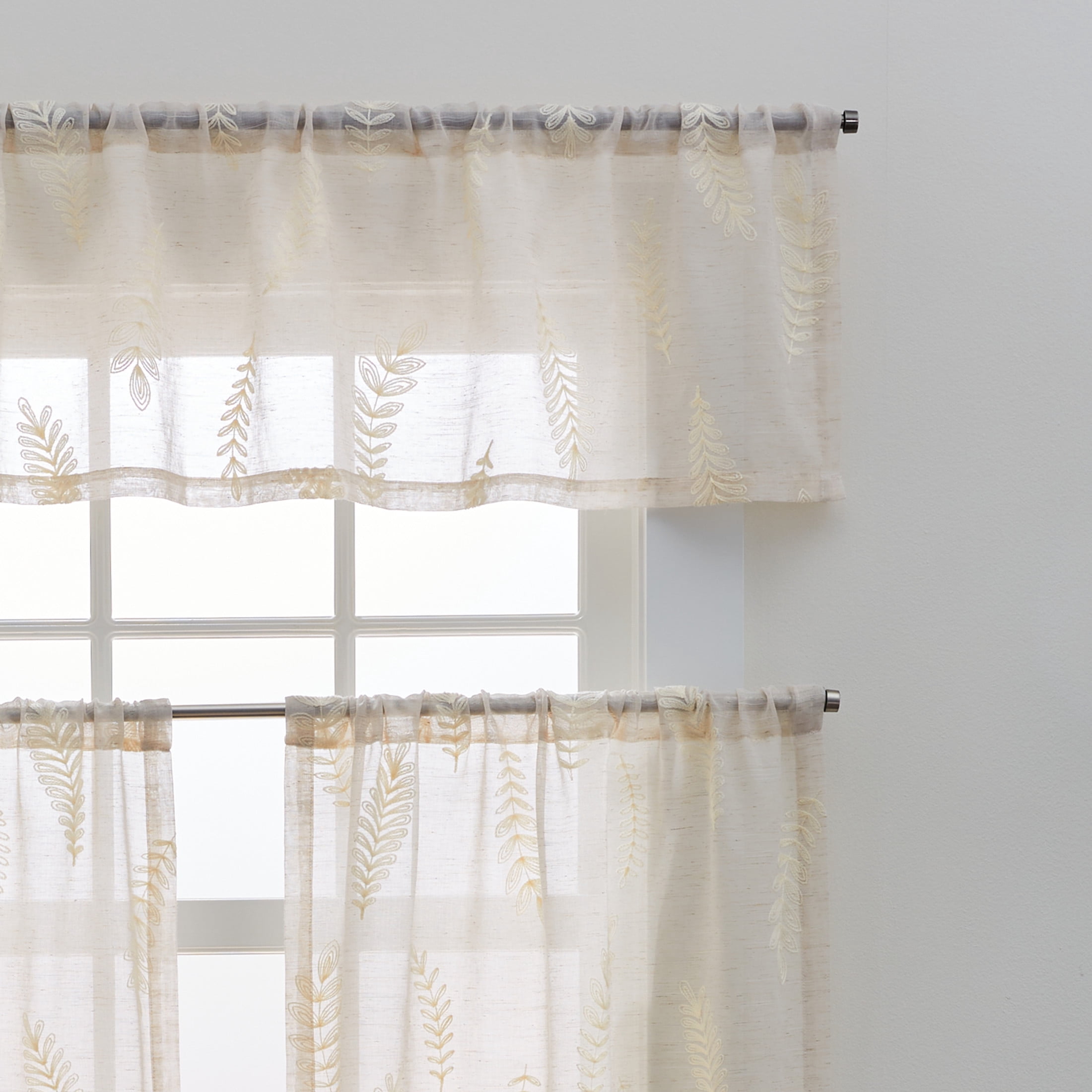 Better Homes & Gardens Embroidered Botanical Valance & Tier Set, 3-Piece Curtain, Indoor, Papyrus Beige, 60" W x 36" L, Adult, Teen