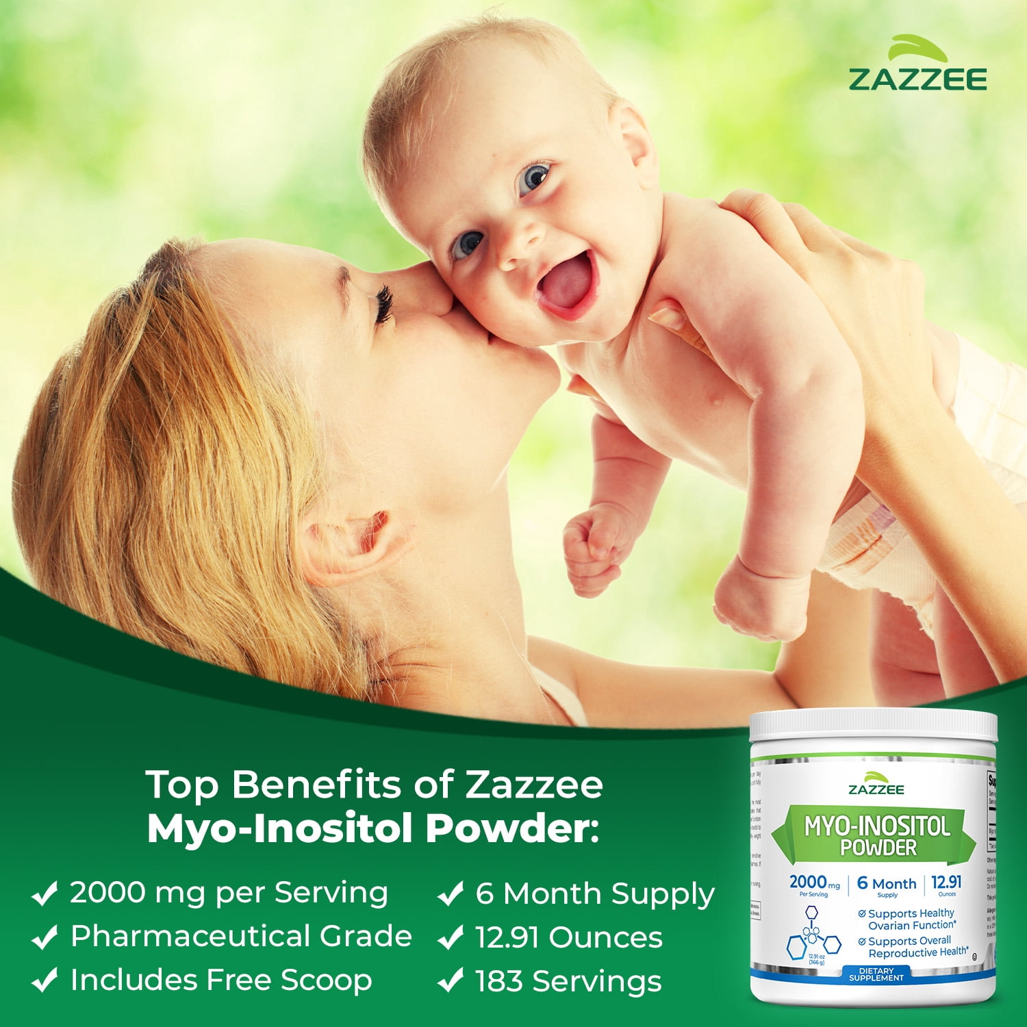 Zazzee Myo-Inositol Powder 2000 mg – Supports Fertility & Reproductive Health – 100% Pure