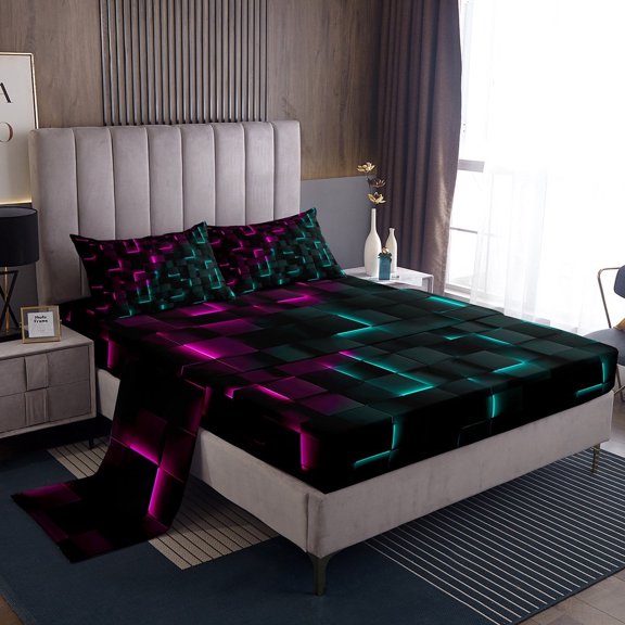 Erosebridal Plaid Buffalo Sheet Set Twin,Geometric Grid Bedding Sets Twin Size,Neon Gradient Twin Sheet Sets,Breathable Boys Bedroom Decor,3pcs