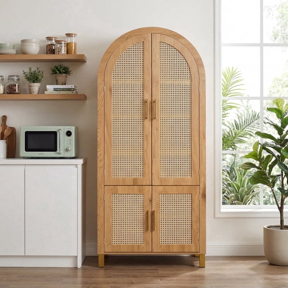 71" Tall Arched Storage Cabinet with Rattan Doors, 4-Door Freestanding Cabinet with Adjustable Shelves and Door Racks for Kitchen, Dining Room, Living Room and Study