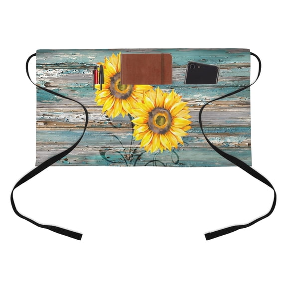 Sunflowers Kitchen Restaurant Half Waist Apron, Vintage Farm Oil-Painting Style Yellow Floral Distressed Wood Grain Server Short Apron with 3 Pockets Waterproof Oil Waist Aprons for Women Waiter