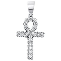 Mens Genuine Diamond Ankh Cross Pendant 1.25" White Sterling Silver Charm 1/7 CT