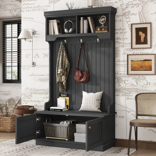 4-in-1 Wood Hall Tree with Storage Shoe Bench and Cabinet, Coat Rack with Metal Double Hooks and Display Shelves, Black
